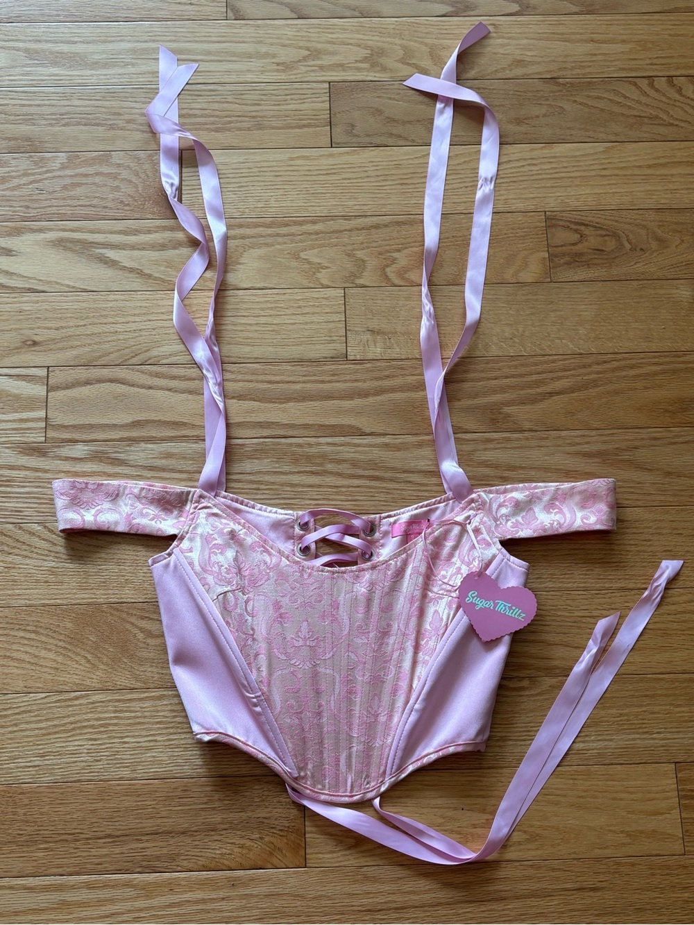 Sugar Thrillz Pale Pink Brocade Off-Shoulder Corset Top